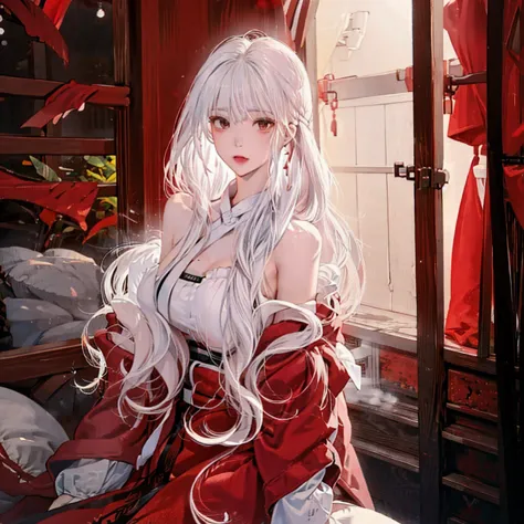 women(alone), very long white hair,red eyes,red and red kimono that reveals her shoulders, big breasts, tight