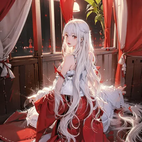 women(alone), very long white hair,red eyes,red and red kimono that reveals her shoulders, big breasts, tight