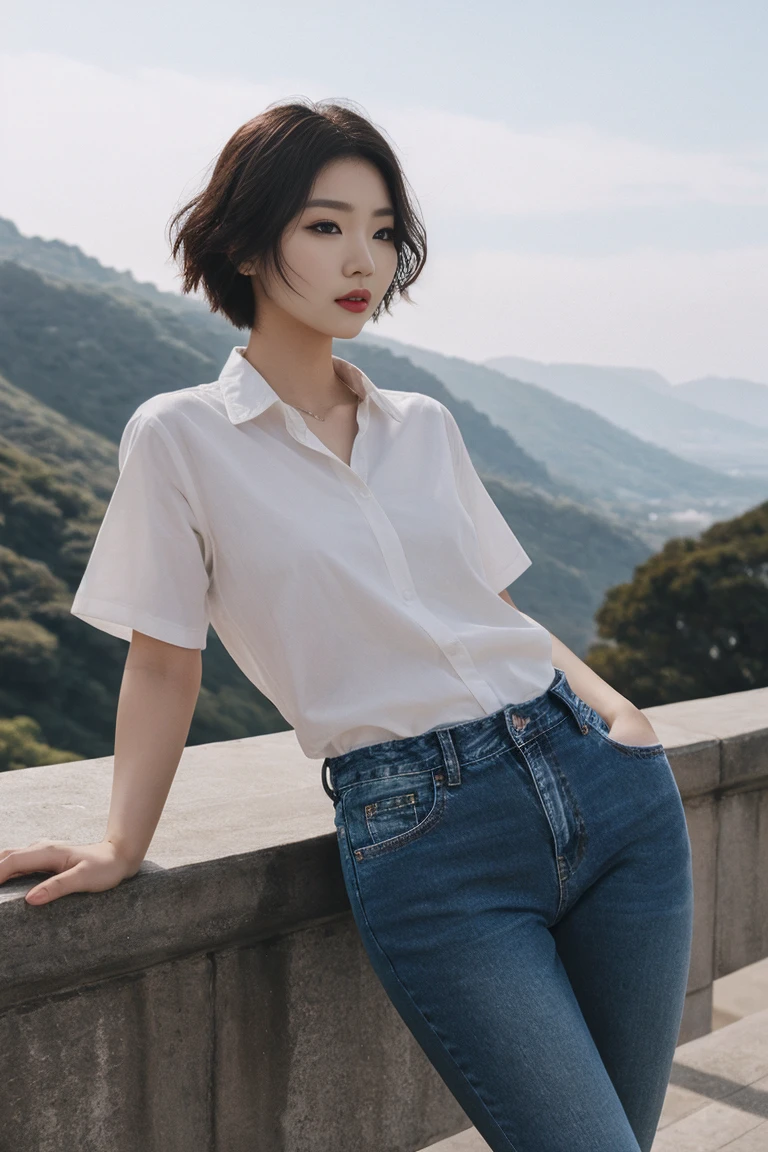 Beautiful woman、Short Hair、tall、Looking this way、Sharp Eyes、High nose、Sharp contours、Fair skin、ＴWearing a shirt、Wearing jeans、Landscape