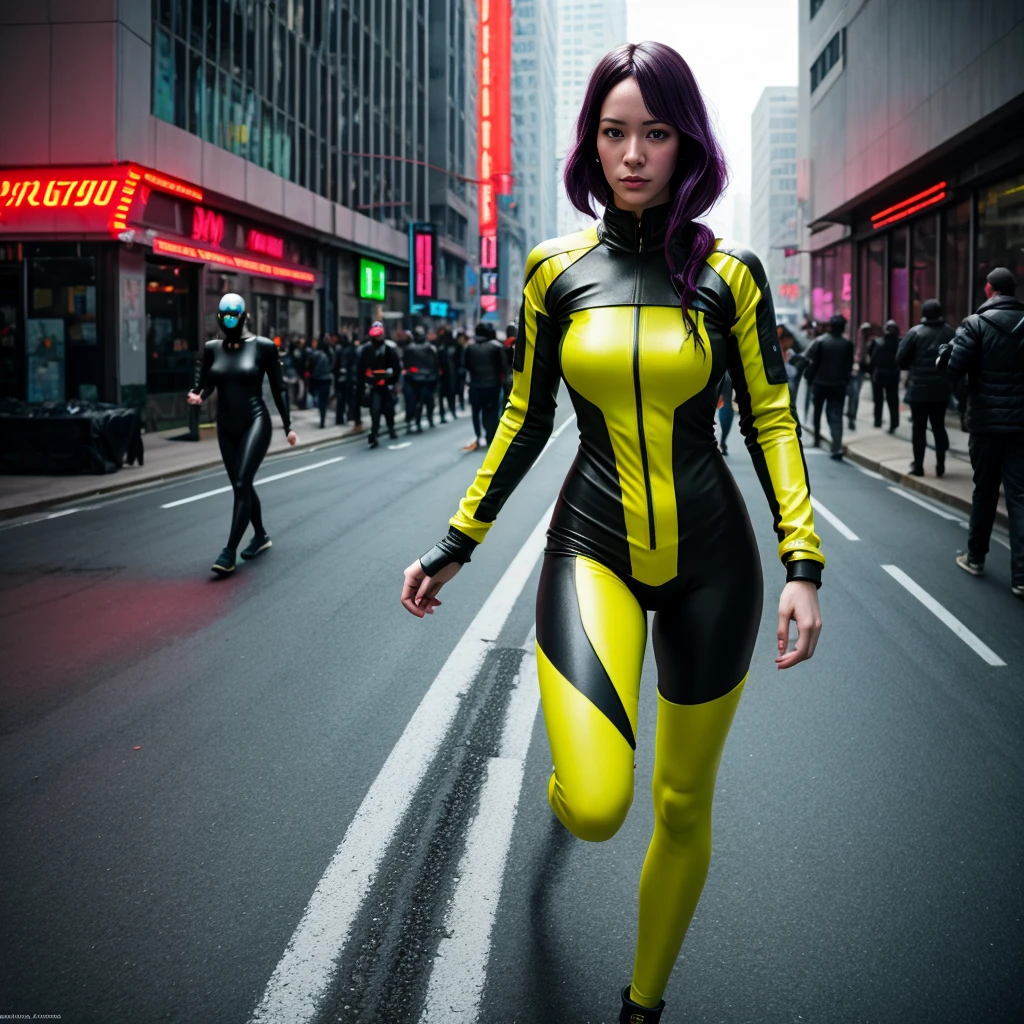 (yellow киберпанк speed tactical suit:1) (1 женщина) темная тема :: Сосредоточьтесь на лице крупным планом, серьезное лицо, Cibetic-Visier, :: средние черные волосы, толстые бедра :: ultra-realistic futuristic speedster scifi киберпанк sporty woman, черные глаза, ((бегу посреди улицы с желтыми лучами, киберпанк, бег по теням, scifi high tech киберпанк)) :: cool yellow киберпанк speed battle suit :: естественное освещение :: боке :: 8К ::  Лучшее качество :: шедевр :: безумно подробно:1.5