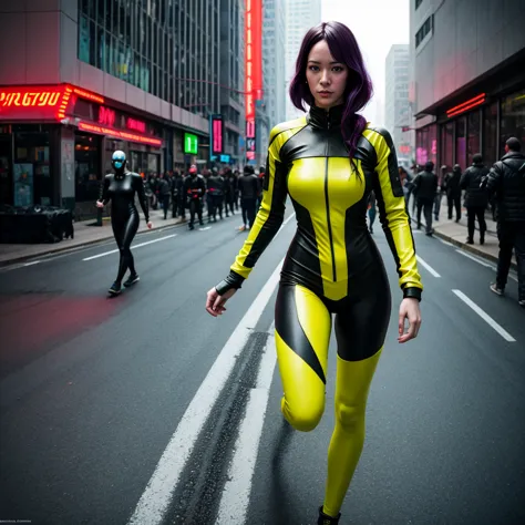 (yellow cyberpunk speed tactical suit:1) (1 Frau) dark theme :: Focus on close-up face, serious face, Cibetic-Visier, :: medium ...