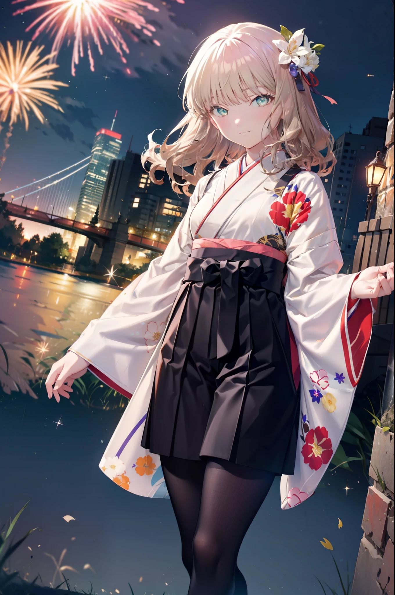 Yume Minami,sss dynazenon ,Brown Hair,Green Eyes,hair tied back,Flower hair ornament,Black Japanese Clothing,Thick sleeves,Sandals,whole bodyがイラストに入るように,smile,Fireworks in the night sky,Fireworks,The place is a fireworks display、Time is night,break outdoors, Festival,break looking at viewer, whole body,(Cowboy Shot:1. 5) , break (masterpiece:1.2), Highest quality, High resolution, unity 8k wallpaper, (shape:0.8), (Beautiful and beautiful eyes:1.6), Highly detailed face, Perfect lighting, Extremely detailed CG, (Perfect hands, Perfect Anatomy),