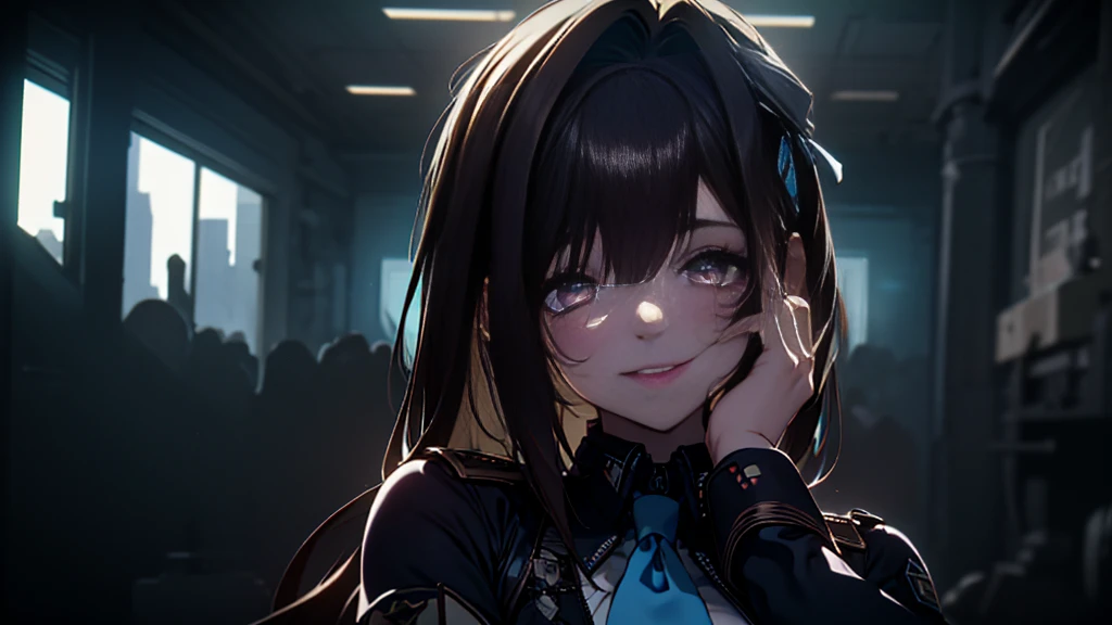 ((Best quality)), ((masterpiece)), (detailed:1.4), 3D, an image of a beautiful cyberpunk female, Yandere , Yandere Face , Trance , Trance Eyes , yameroyandere , constricted pupils , yandere , empty eyes . shaded face , crazy eyes , glowing brown eyes , crazy smile , Marian , tied hair, long brown hair , White Military Uniform , Brown Eyes, Blue Barret, Blue Necktie ,Blue Ribbon , White undercloth, large breasts, HDR (High Dynamic Range),Ray Tracing,NVIDIA RTX,Super-Resolution,Unreal 5,Subsurface scattering,PBR Texturing,Post-processing,Anisotropic Filtering,Depth-of-field,Maximum clarity and sharpness,Multi-layered textures,Albedo and Specular maps,Surface shading,Accurate simulation of light-material interaction,Perfect proportions,Octane Render,Two-tone lighting,Wide aperture,Low ISO,White balance,Rule of thirds,8K RAW,