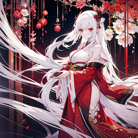  Women(alone), very long white hair,Red eyes,red and red kimono that reveals her shoulders, big breasts, tight