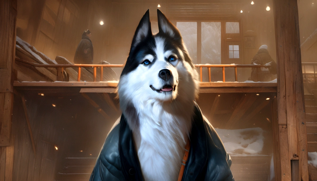 a heroic husky dog in a winter jacket, sled dog, smiling, athletic rescuer in the Arctic, detailed facial features, realistic, photorealistic, 8k, best quality, masterpiece, highly detailed, sharp focus, ultra-fine details, vivid colors, dynamic lighting, dramatic atmosphere, cinematic composition