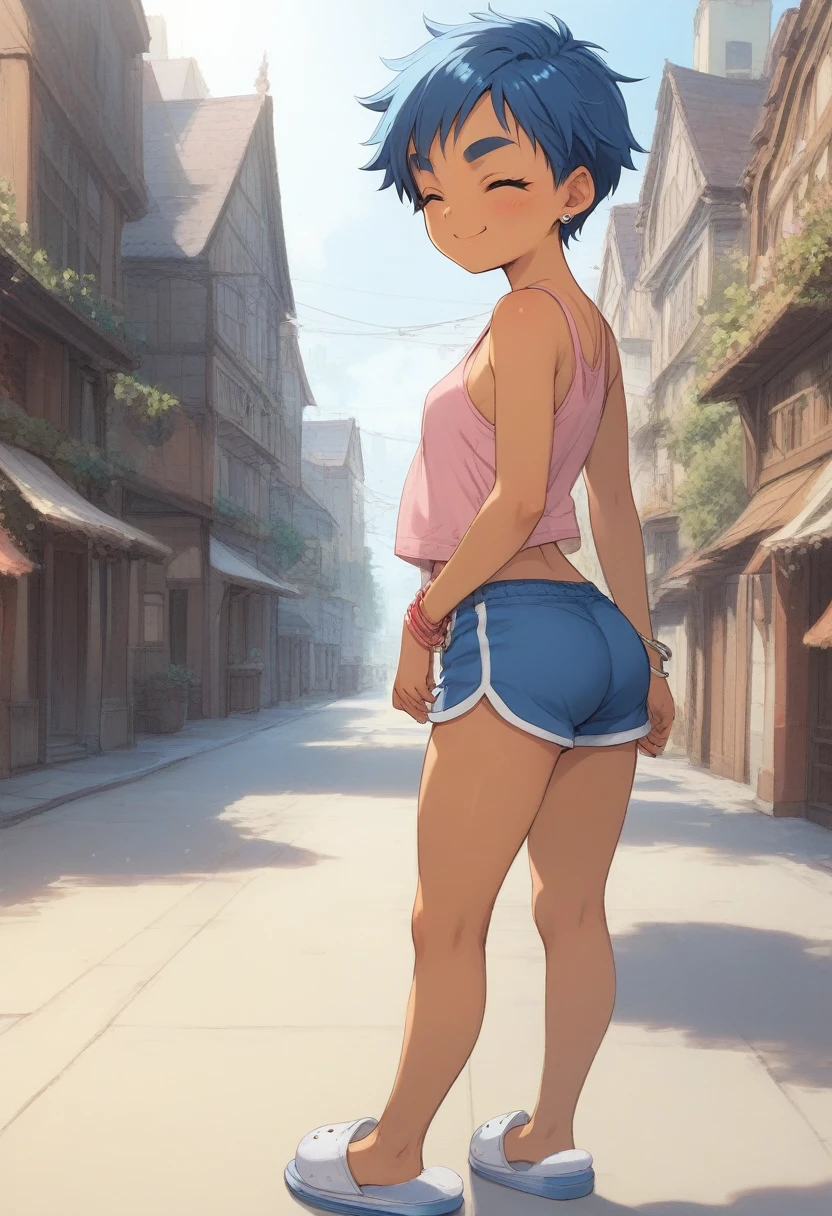 tomboy, rustic, 5-years-old, very dark skin, short blue hair, thick eyebrows, closed eyes, very flat, small ass, earrings, bracelet, pink tank top, blue dolphin shorts and slippers, sassy smile, naughty on a village street, ecchi CG manga, Takase Yuu style, cinematic, dramatic, masterpiece, dynamic view, full body,