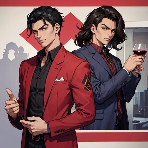 (highres)a man with black hair and a wine-colored suit, wearing a shirt underneath the suit with a black and red triangle checke...