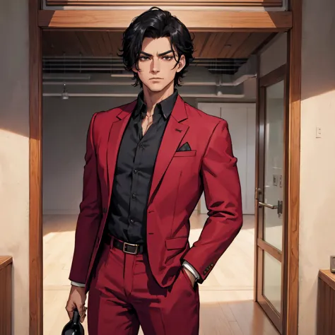 (highres)A man with black hair and a wine-colored suit, wearing a shirt underneath the suit with a black and red triangle checke...