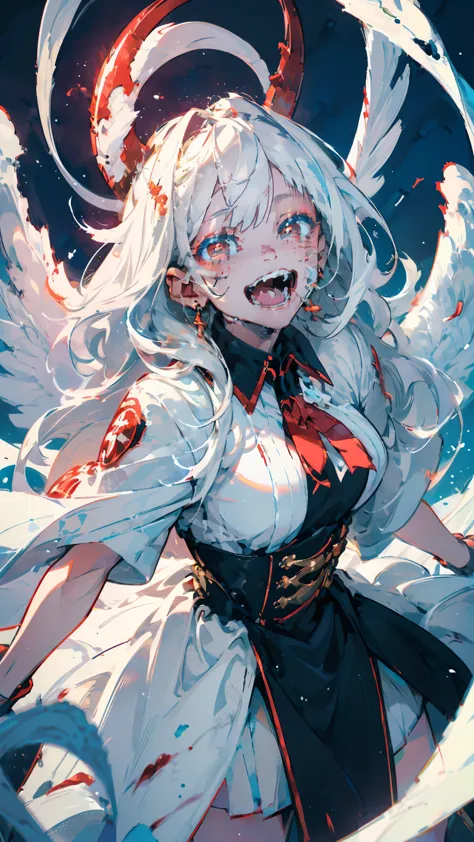 (woman\(A blood-red, dark angel halo is on his head., Angel Girl,Pure white hair,Red eyes, Pure white skin, White costume,The gi...