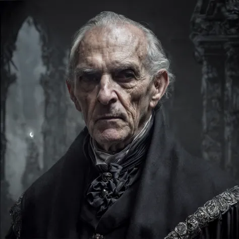 (masterpiece)+, (extremely (realistic)+,a portrait of an ugly elderly male necromancer aristocrat, Focused cold stare. Looking i...