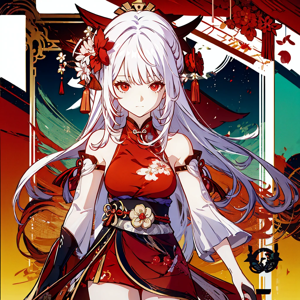  Women(alone), very long white hair,Red eyes,red and red kimono that reveals her shoulders, big breasts, tight