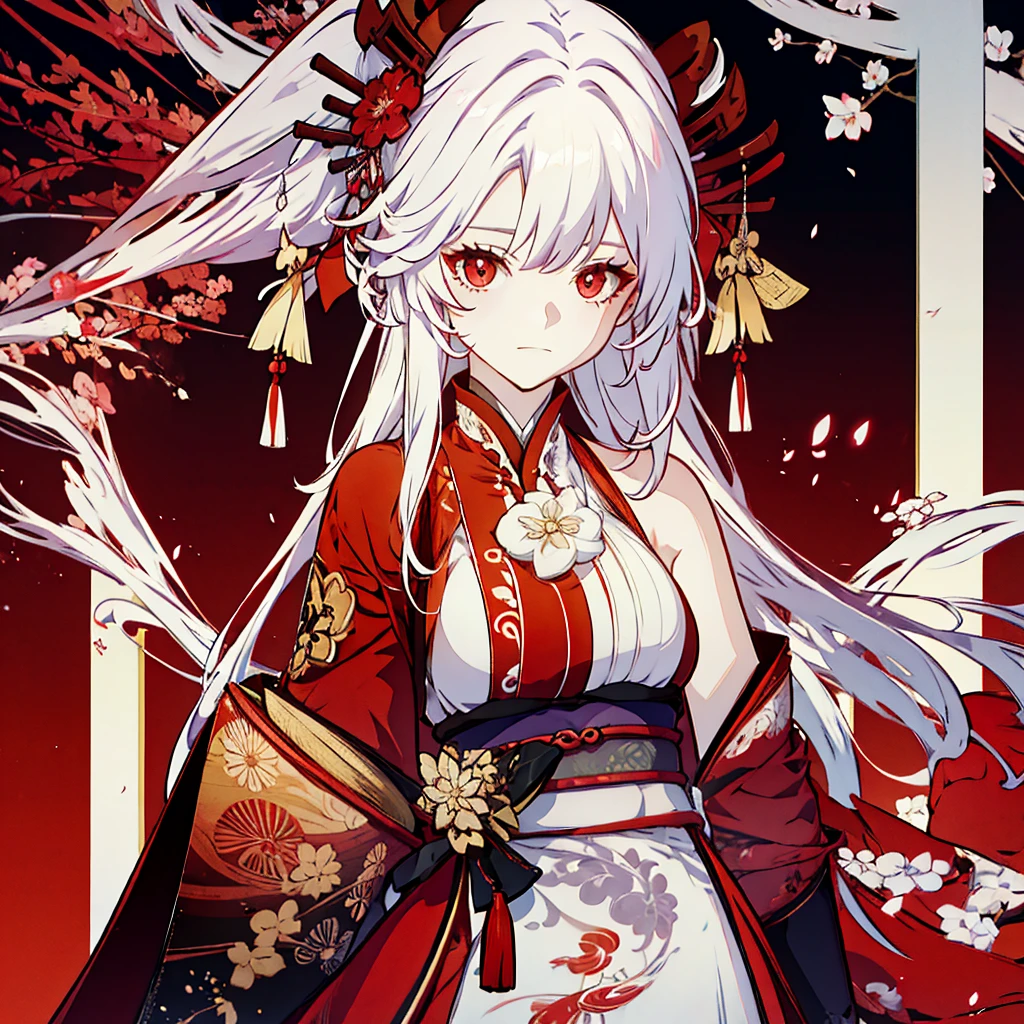  Women(alone), very long white hair,Red eyes,red and red kimono that reveals her shoulders, big breasts, tight