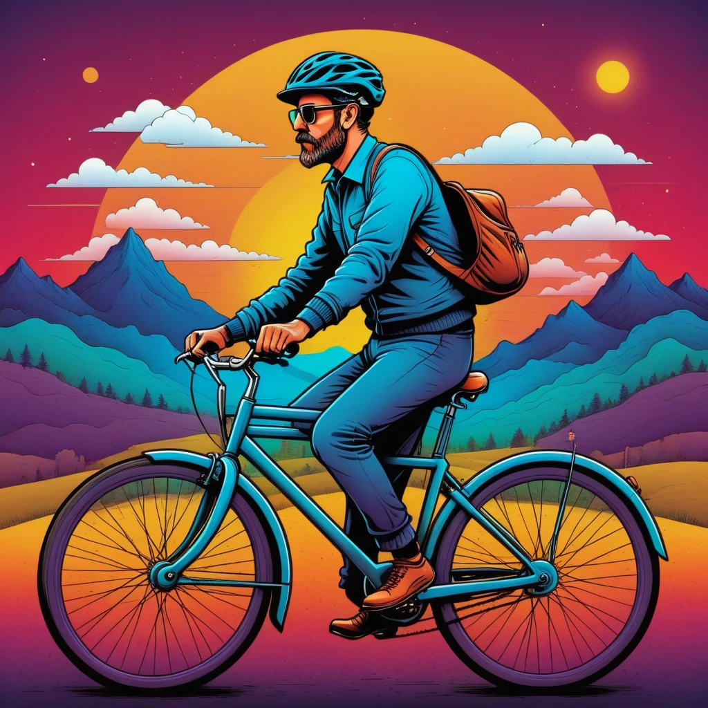 gráficos vectoriales aesthetic, Imagen surrealista al estilo de H...gramo. Pozos, Cuando veo a un hombre adulto en bicicleta, Estoy tranquilo por la humanidad.., gráficos vectoriales, Alta resolución, Contornos claros, colorido degradado