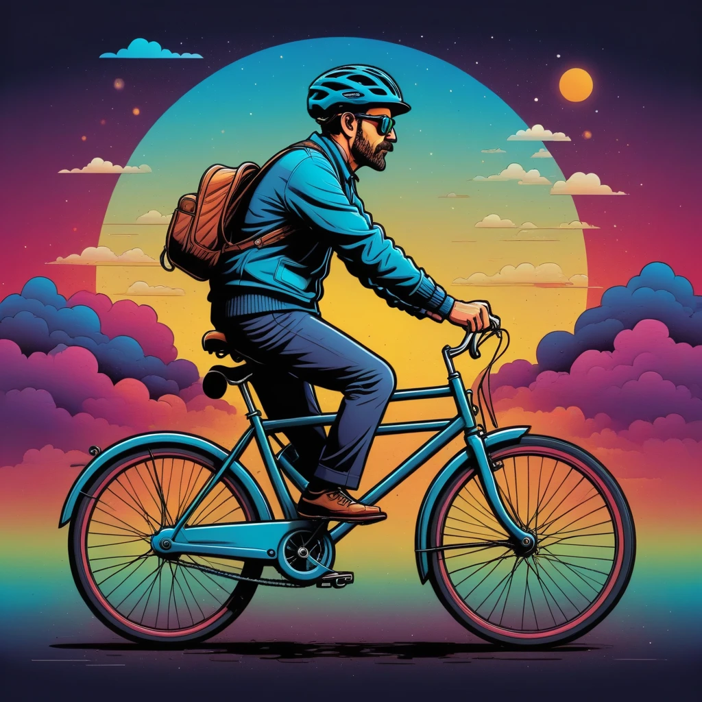 Vector graphics aesthetic, Surreal image in the style of H..gram. Wells, When I see a grown man on a bicycle, I am calm for humanity., Vector graphics, high resolution, clear contours, colorful degraded