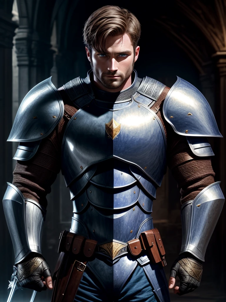 Knight, 4k, ultrarealistic, short hair, blue eyes, 29 years old, strong, solo, large, muscular

