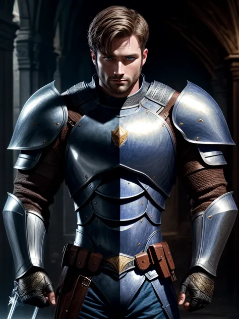 knight, 4k, ultrarealistic, short hair, blue eyes, 29 years old, strong, solo, large, muscular