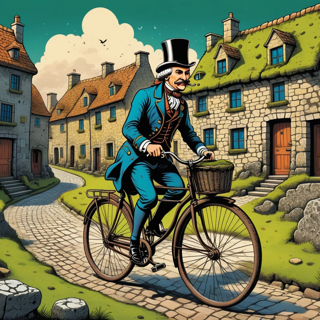 Aesthetics of Vektorgrafiken, Surreales Bild eines Herrn aus dem 18. Jahrhundert auf einem Retro-Fahrrad., mit dem Fahrrad durch die Straßen einer gezeichneten antiken Stadt fahren, Häuser aus Steinen, bedeckt mit Moos und Gras, surreales Bild eines Retro-Fahrrads, Vektorgrafiken, Hohe Auflösung, Klare Konturen, bunt degradiert