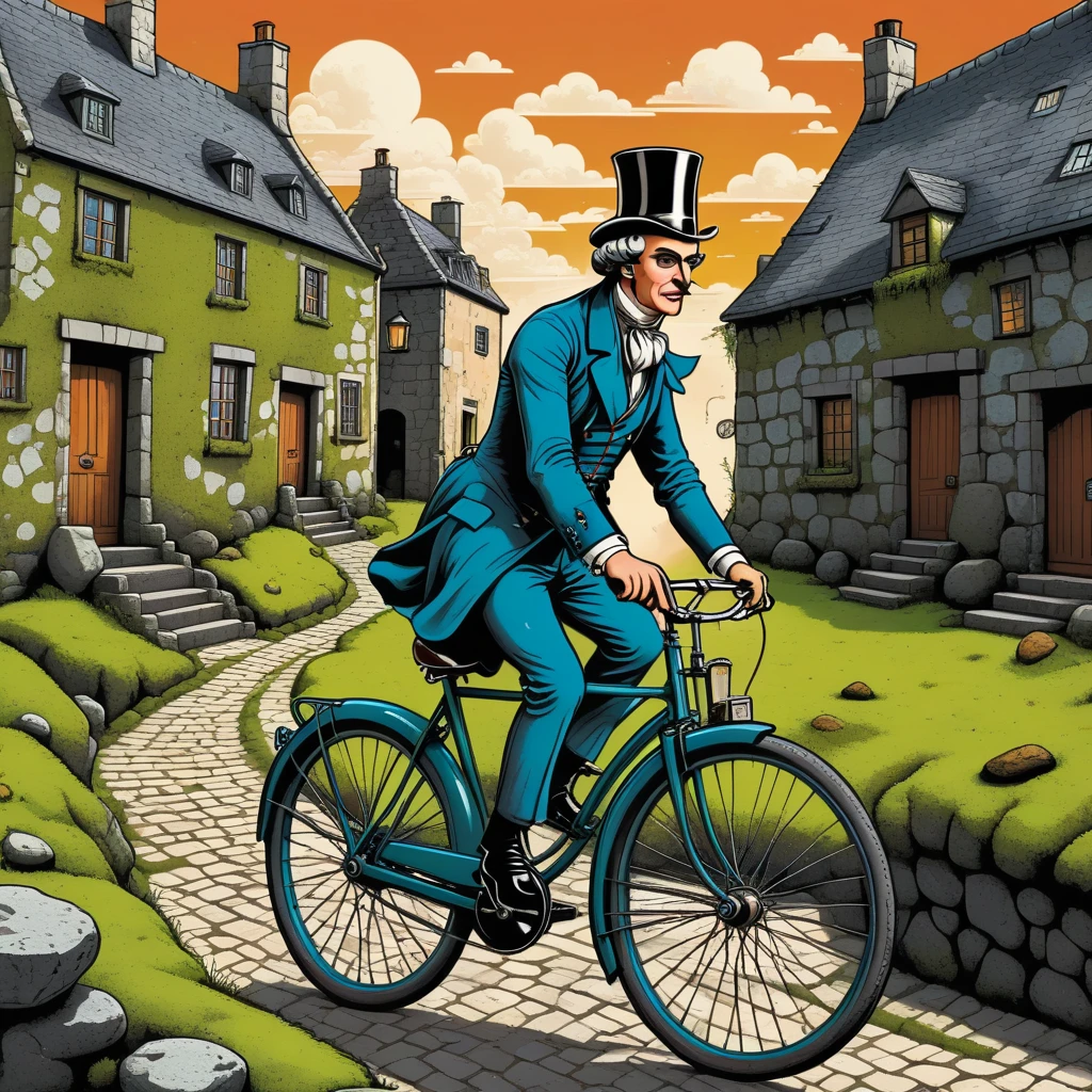 Aesthetics of Gráficos vetoriais, imagem surreal de um cavalheiro do século XVIII em uma bicicleta retrô., andando de bicicleta pelas ruas de uma cidade antiga desenhada, casas feitas de pedras cobertas de musgo e grama, imagem surreal de uma bicicleta retrô, Gráficos vetoriais, Alta resolução, Contornos claros, colorido degradado