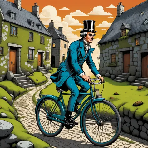 Aesthetics of Vector graphics, Surreal image of an 18th century gentleman on a retro bicycle., riding a bike through the streets...