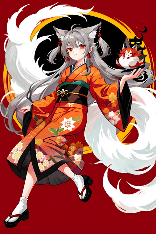 garota de anime com longos cabelos grisalhos, {1 olho vermelho e 1 olho cinza}, vestido com um quimono com cauda e orelhas de raposa