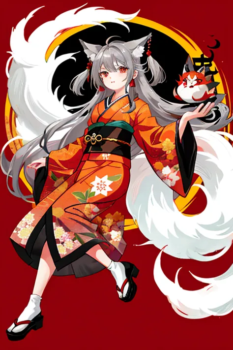 anime girl with long grey hair, {1 red eye and 1 grey eye}, dressed in a kimono with a fox tail and fox ears