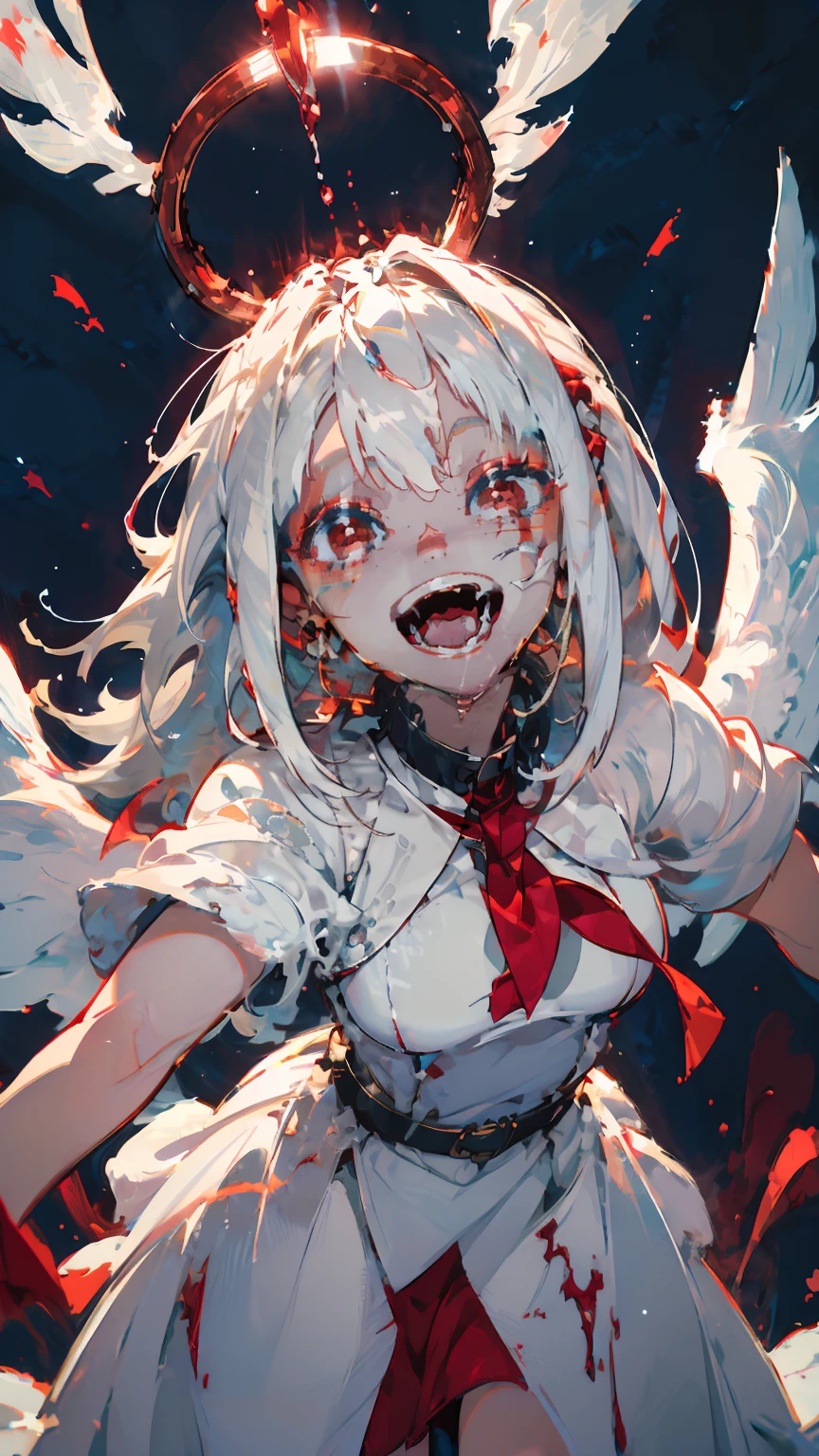 (woman\(A blood-red, dark angel halo is on his head., Angel Girl,My mouth is split,Pure white hair,Red eyes, Pure white skin, White costume,The girl is laughing wildly with her mouth wide open,Eyes with dilated pupils,Scary,A large amount of dark red liquid drips from the mouth and eyes.,Crazy smile,monster,monster mouth,\) pure white world、Looking up at me,Attacking pose,Wings made of blood (I&#39;m in the beautiful outdoors, monster tentacles,horor, mysterious,Blood monster (Dark red liquid floating in the air,Spooky background),quality\(8k,Highly detailed CG unit wallpaper, masterpiece,High resolution,top-quality,top-quality real texture skin,surreal,Increase the resolution,RAW Photos,highest quality,Very detailed,wallpaper,Cinema Lighting,Ray-tracing,Golden Ratio\),Long Shot,Overall, it looks ephemeral.,The depiction range is from the waist up,High quality facial depiction,High-resolution facial depiction,ephemeral,Low saturation,Little Girl,1 person, evil spirit