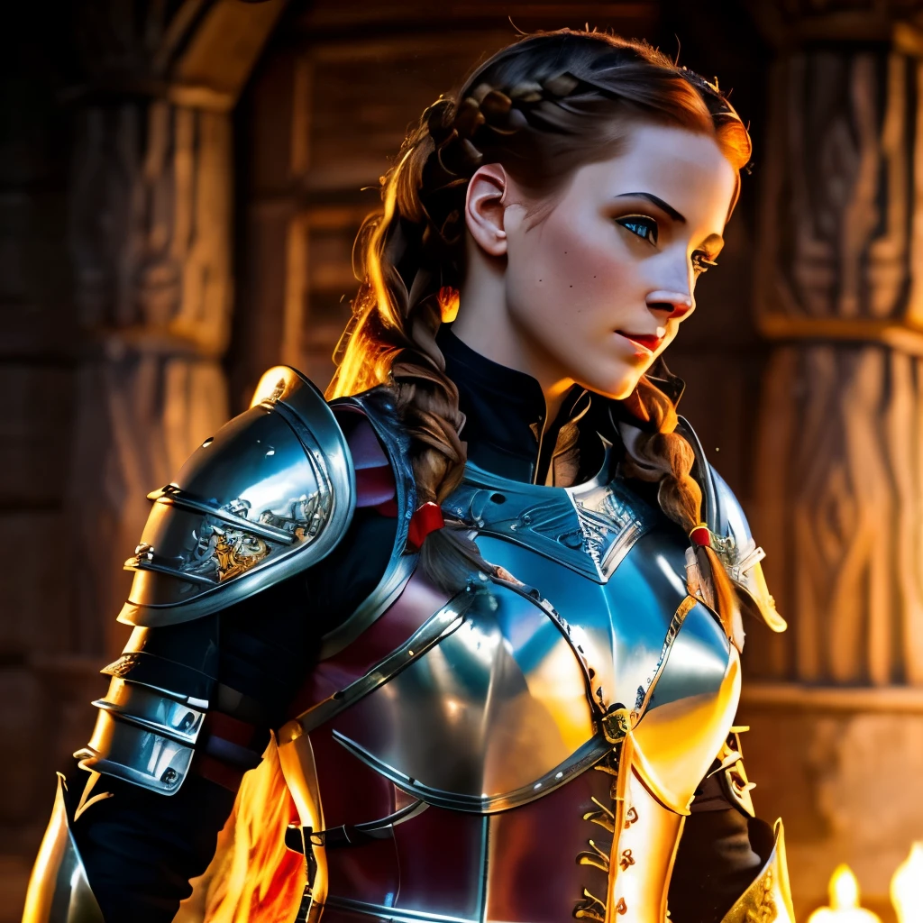 Same woman, make her hair shorter shoulder length, make her armor leather,  masterpiece, best quality, 8k, detailed texture, detailed cloth texture, beautiful detailed face, determined expression, intricate details, ultra detailed, a european woman, green eyes, red auburn hair in a french braid, 3D character, Medieval, no helmet, full leather armor, 1 woman, Medieval woman with a braid wearing fitted leather armor, full body view a female warrior, medieval female warrior, very beautiful warrior woman, female character with a determined look and smirk, female warrior, fantasy character, very beautiful woman top model, detailed matte fantasy, beautiful female warrior, full body view