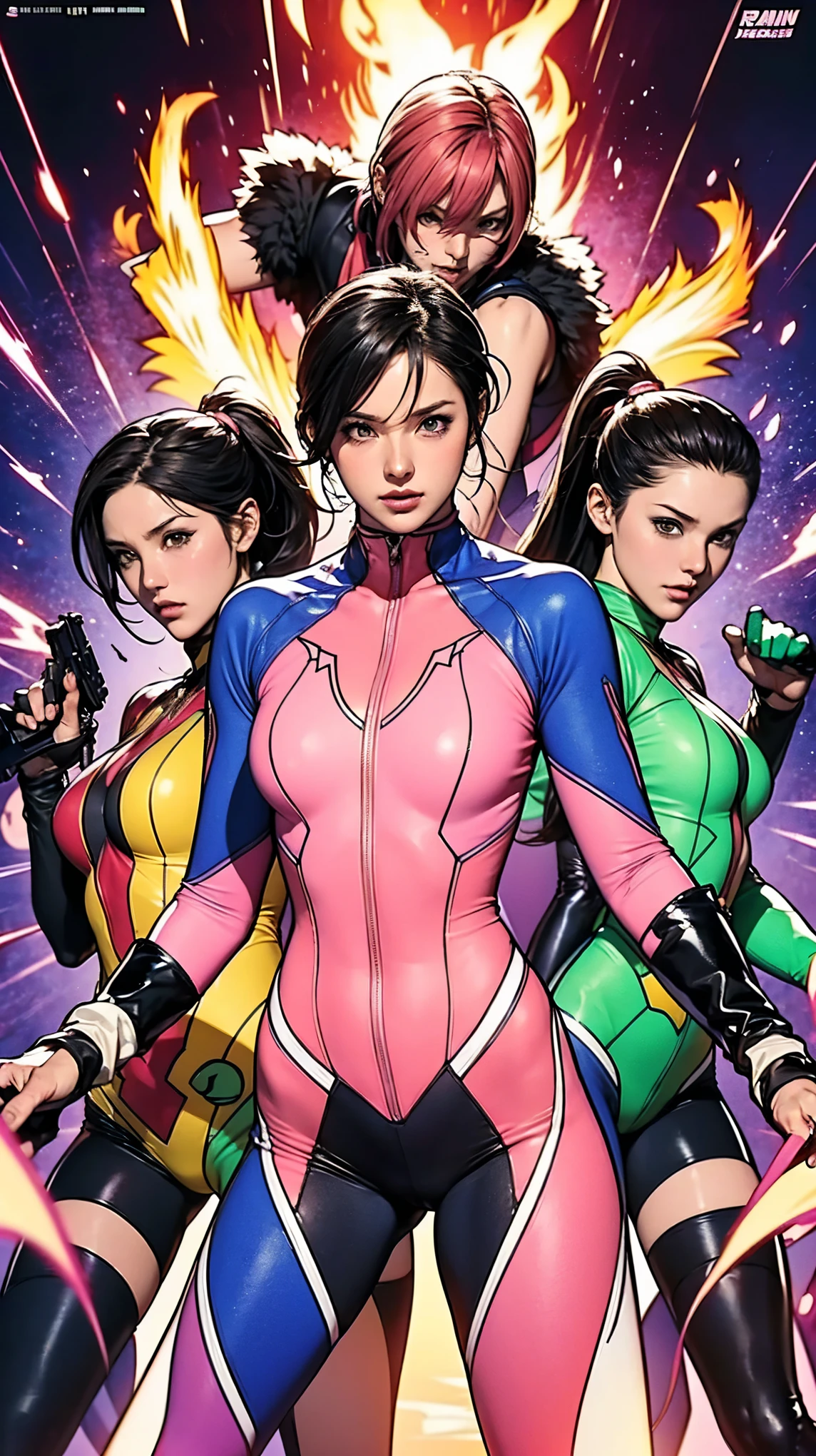 Solo, A brave and courageous image of a 6 member ranger team, Each one is decorated in vibrant colors such as:: ((Pink)), red is front of center, violet, Green, yellow, blue black, white,. Dynamic poses in a background that exudes energy and courage, neon, fire, plasma, Fluorescent, shocking, pink big bomber, splashing pink, running, fighting pose, action pose, Embodying the essence of the classic Sentai superhero team. Each Ranger:: The attire is sophisticated and modern, Each color has elements that reflect its theme., Ready for action. ((Camel Toe)), weapons, in sunset background , in cinematic lighting, cover art mixed cinema poster style,