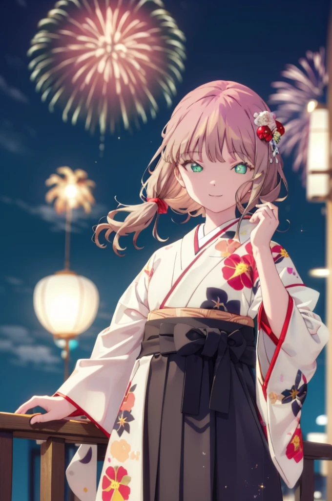 Yume Minami,sss dynazenon ,Brown Hair,Green Eyes,hair tied back,Flower hair ornament,Black Japanese Clothing,Thick sleeves,Long skirt,Sandals,So that the whole body goes into the illustration,smile,Fireworks in the night sky,Fireworks,The place is a fireworks display、Time is night,日本のFestivalり，夏Festivalりの屋台、Red lantern,break outdoors, Festival,break looking at viewer, Upper Body,(Cowboy Shot:1. 5) , break (masterpiece:1.2), Highest quality, High resolution, unity 8k wallpaper, (shape:0.8), (Beautiful and beautiful eyes:1.6), Highly detailed face, Perfect lighting, Extremely detailed CG, (Perfect hands, Perfect Anatomy),