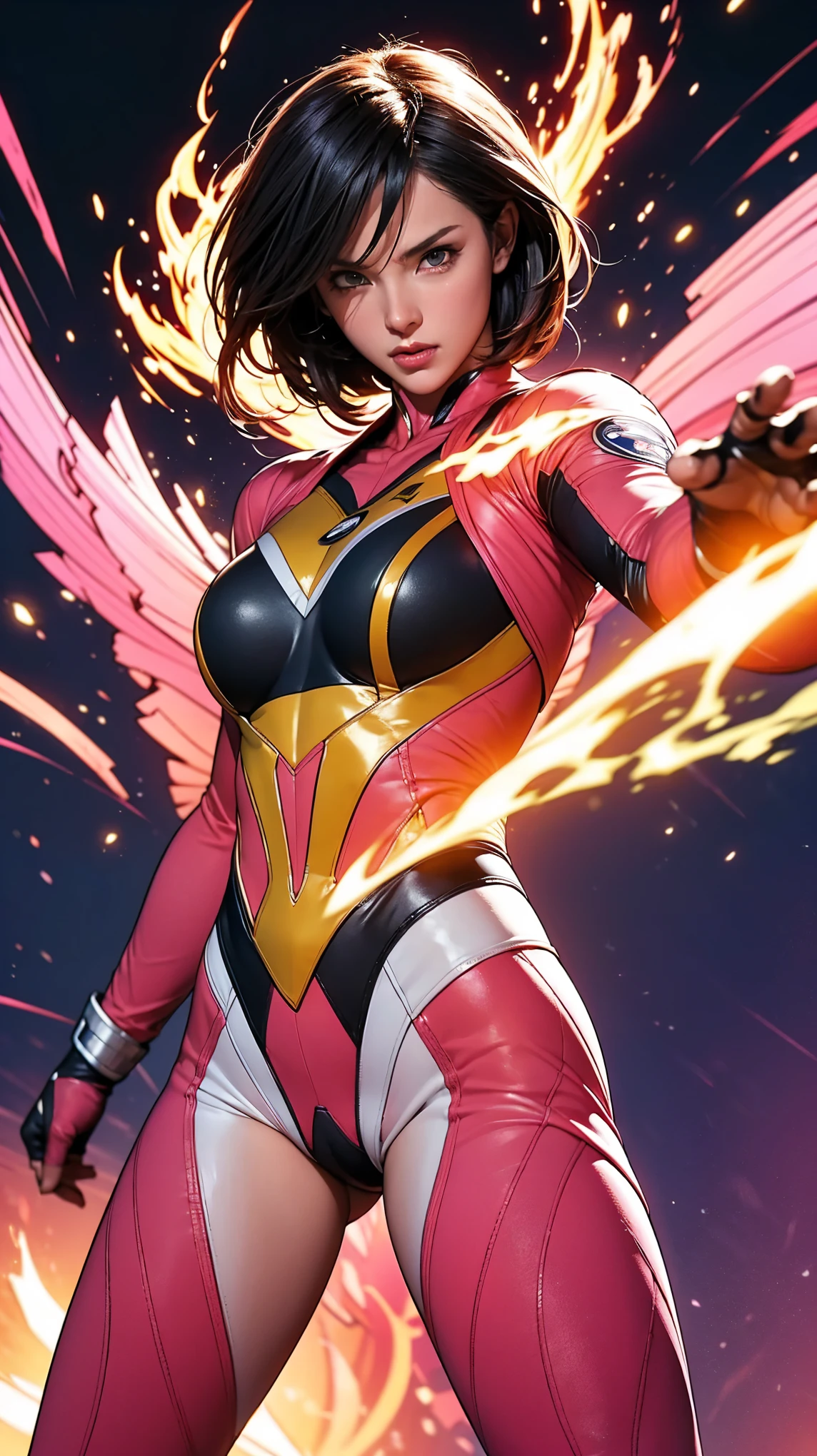 Solo, A brave and courageous image of a 6 member ranger team, Each one is decorated in vibrant colors such as:: ((Pink)), red is front of center, violet, Green, yellow, blue black, white,. Dynamic poses in a background that exudes energy and courage, neon, fire, plasma, Fluorescent, shocking, pink big bomber, splashing pink, running, fighting pose, action pose, Embodying the essence of the classic Sentai superhero team. Each Ranger:: The attire is sophisticated and modern, Each color has elements that reflect its theme., Ready for action. ((Camel Toe)), weapons, in sunset background , in cinematic lighting, cover art mixed cinema poster style,