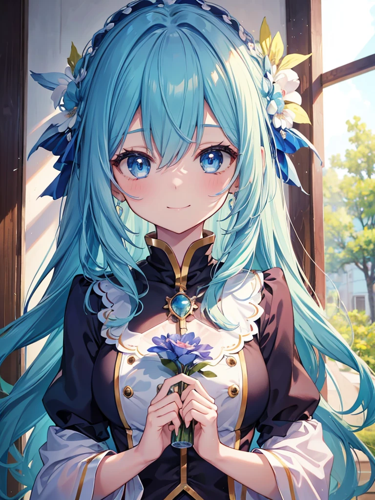 Gorgeous image quality, 8 k, high quality, masterpiece:1.2), ((masterpiece)), (high detail, high quality, Best Image Quality), solo, 1 girl, Konosuba ,aqua, blue hair, Blue eyes, detailed face, cheerful face, smiling, looks at the viewer,masterpiece, Beautiful art, очень detailed face, detailed hair, detailed clothing, detailed fabric, Beautiful face, tight suit, I&#39;m standing, Stooping, huge breasts, middle thighs, turmoil, School Environment