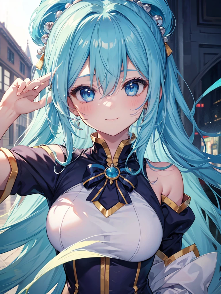 Gorgeous image quality, 8 k, high quality, masterpiece:1.2), ((masterpiece)), (high detail, high quality, Best Image Quality), solo, 1 girl, Konosuba ,aqua, blue hair, Blue eyes, detailed face, cheerful face, smiling, looks at the viewer,masterpiece, Beautiful art, очень detailed face, detailed hair, detailed clothing, detailed fabric, Beautiful face, tight suit, I&#39;m standing, Stooping, huge breasts, middle thighs, turmoil, School Environment