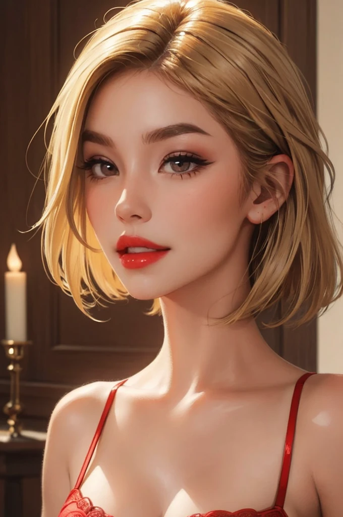 1girl,a beautiful fashion model ,(masterpiece, detailed background, best quality),short and shiny hair, light blomde hair with blonde highlights,smirk,juicy lips,red lips, calmart, lingerie, stripping, elegant makeup, (girl cocking her eyebrow)