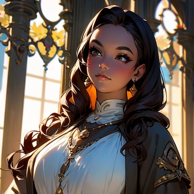 She has a foreigner accent, ivory skin color, has long wavy light brown hair, hazel eyes, chubby figure and long eyelashes. She is a baroness.