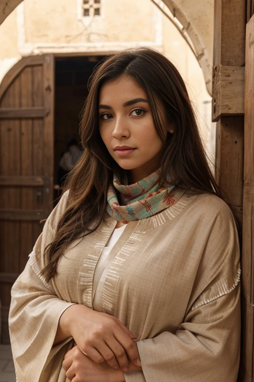 fille instagram posant, Brunnete, maquillage naturel, (Robe caftan traditionnelle très colorée), (foulard très ample montrant des cheveux bouclés), (Environnement du souk marocain), chef-d&#39;œuvre, meilleure qualité, très détaillé, (Des yeux magnifiques et détaillés Un visage magnifique et détaillé), (meilleure qualité), (Ultra-détaillé), (chef-d&#39;œuvre), (Haute résolution), (original), Ultra réaliste.