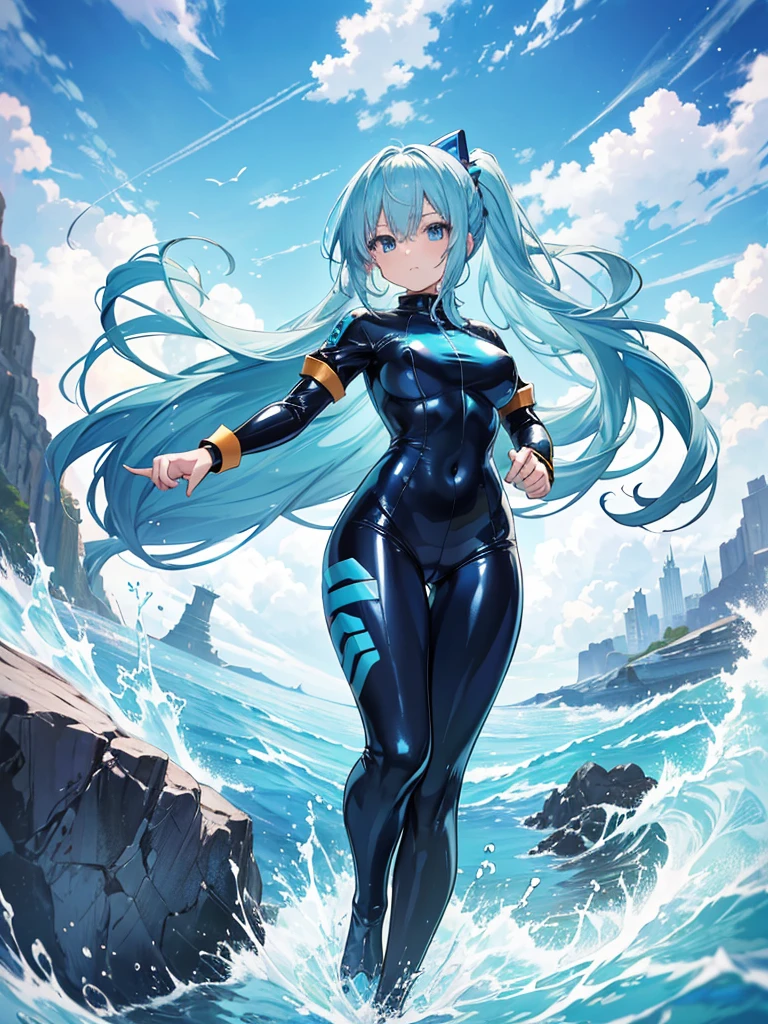 Qualidade de imagem deslumbrante, 8 mil, alta qualidade, obra de arte:1.2), ((obra de arte)), (alto detalhe, alta qualidade, Best eumage Quality), Sozinho, 1 garota, Konosuba ,aqua, cabelo azul, olhos azuis,estilo de arte por sciamano240, Terno apertado, terno de látex, roupas translúcidas, mãos nuas, pernas nuas, eu&#39;estou de pé, seios enormes, meio das coxas, sala