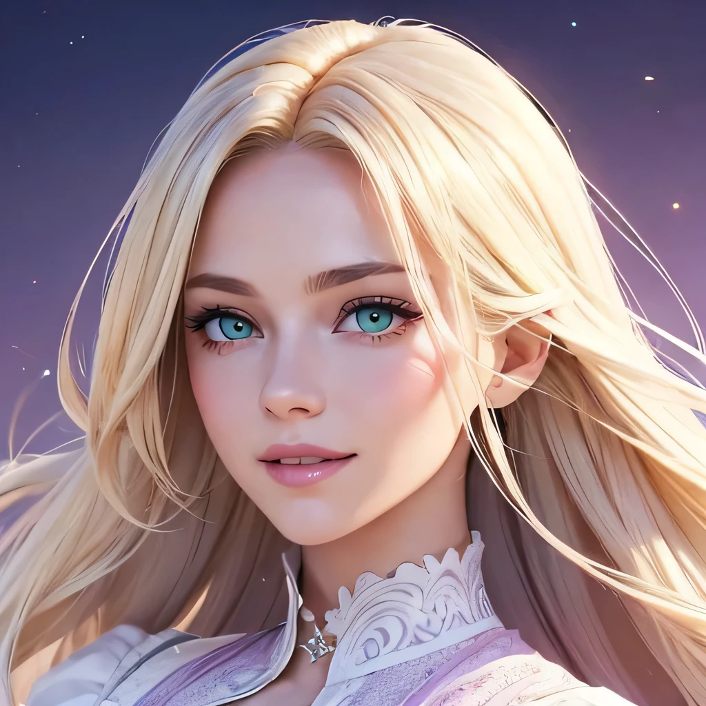 create a beautiful woman, with shiny blonde hair, with a beautiful smile, from sideways, showing his hair, a woman with light white skin, detailed green eyes, with a light lilac background, light lilac clothing, face on the side, Flying hair, big hair in the air.