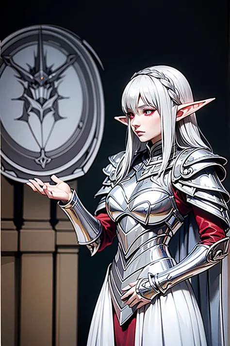 female elf knight, full body art, silver hair, white skin, red iris eye, knight full plate adorned armor, silver cape, perfectly...