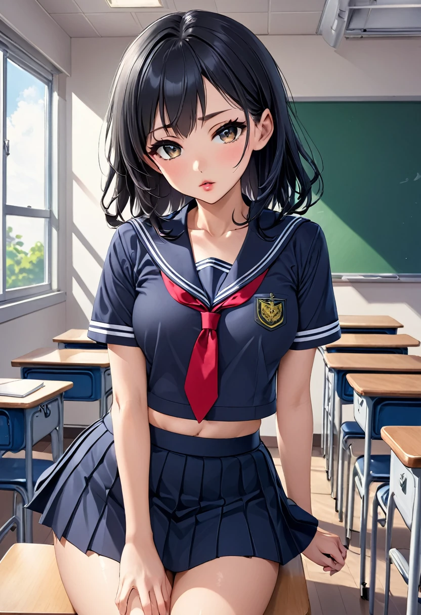 middle School girls、Black Haired Beautiful Girl、uniform、薄い生地のuniform、Naughty lips、Collarbone in full view、Waistline、Navy Skirt、Sexy thighs、School、classroom