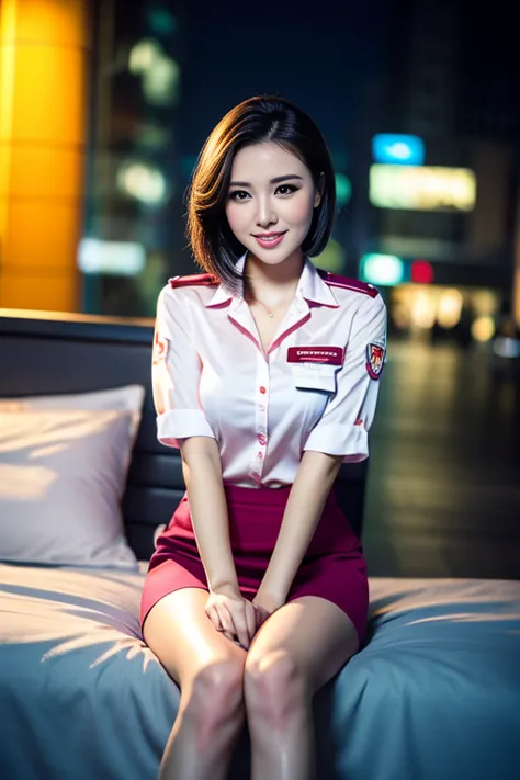 a gorgeous lady, age 21, flight attendant uniform, shenzhen airlines stewardess, wet white shirt and pink mini-skirt, she is on ...