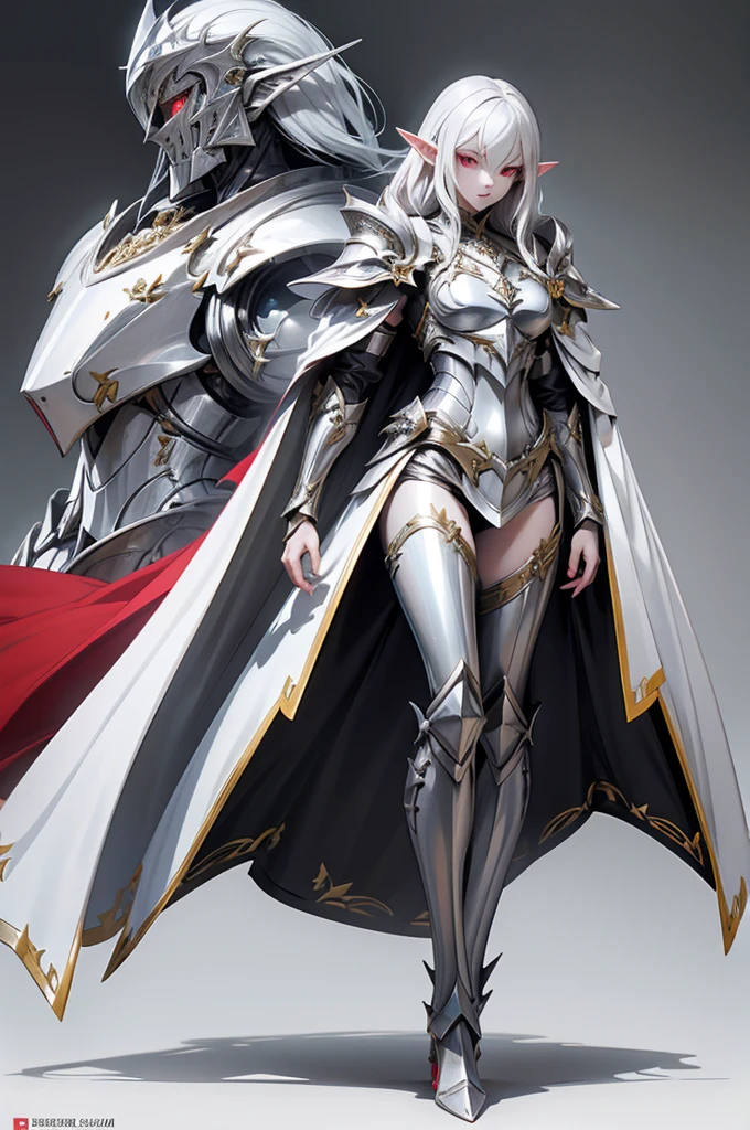 female elf knight, full body art, silver hair, white skin, red iris eye, knight full plate adorned armor, silver cape, perfectly detailed