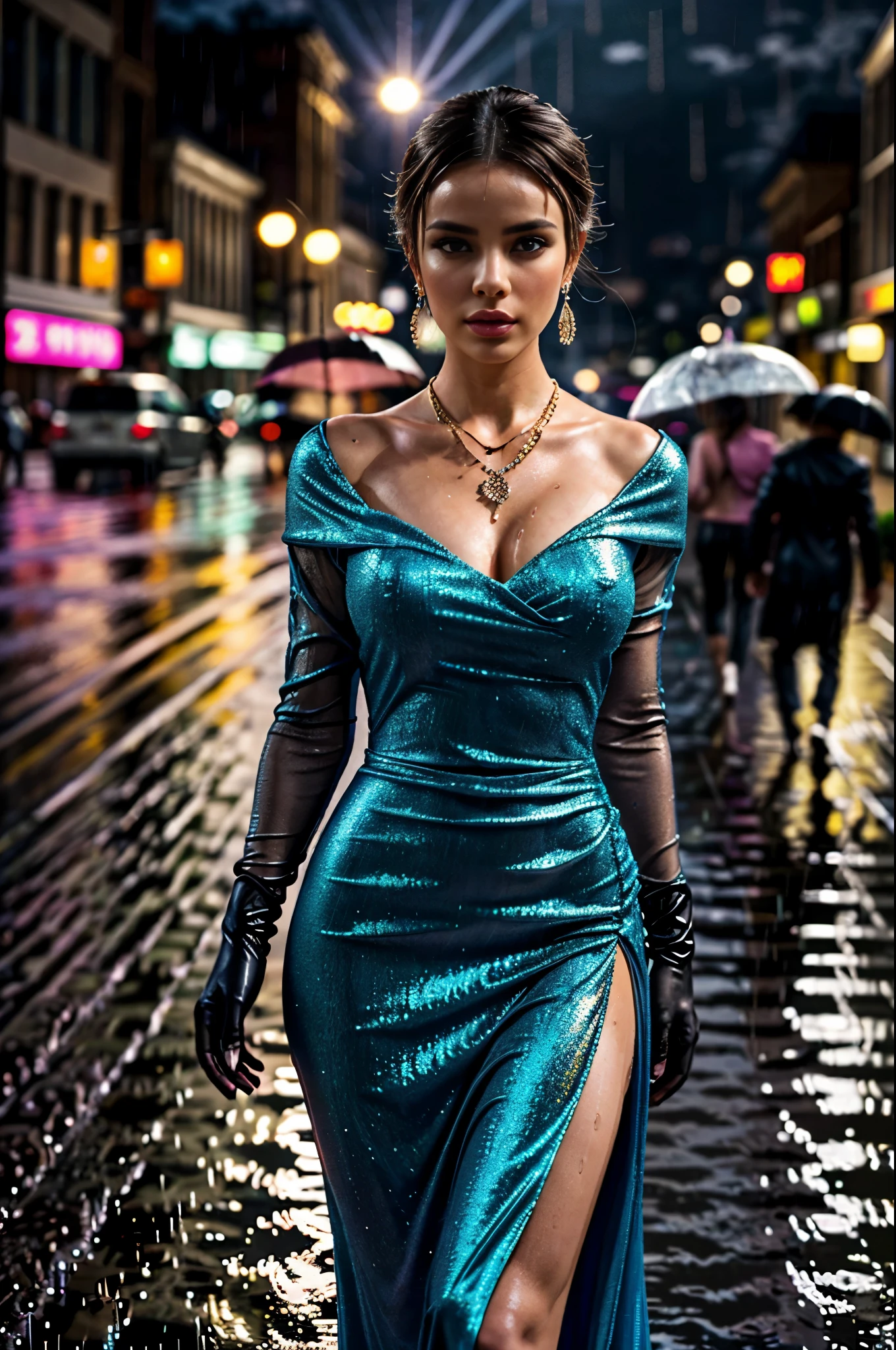 半身, 一個穿著晚禮服的美麗女孩, 長手套, 項鍊及各種配件, 下雨天晚上人很多的繁華鬧市區, (雨是透過運動模糊效果來表達的: 1.4), 詳細的臉, 優雅的, 電影燈光, 高端時尚, 複雜的服裝設計, 飄逸布料, 奢華, 豐富的, 戲劇性的色彩, 豐富的音色, 迷人的, 空靈的, 精美的, (最好的品質,4k,8K,高解析度,傑作:1.2),超詳細,(實際的,photo實際的,photo-實際的:1.37),高動態範圍,超高畫質,演播室燈光,超細塗裝,銳利的焦點,基於物理的渲染,極為詳細的描述,專業的,鮮豔的色彩,散景,時尚攝影