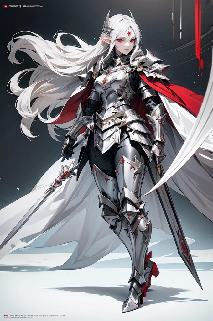 female elf knight, full body art, silver hair, white skin, red iris eye, knight full plate adorned armor, silver cape, perfectly detailed