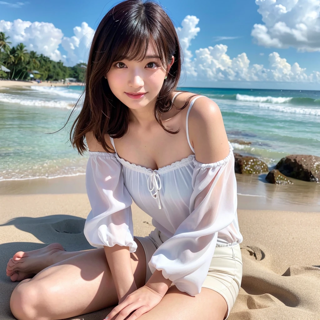 (Captured by a professional photographer:1.2), high quality, Realistic, Best image quality:1.3, (RAW Photos:1.1), Amateur models, (Accurate skeleton:1.2), (Attention to detail:1.1), 30 years old, Japanese women,(Beach), (White blouse:1.2, hot pants:1.2),Off the shoulder, barefoot, Looking at the camera:1.1, look at the person you like, Gentle expression, Thighs are visible, Warm sunshine,(Detailed eyes:1.1), (Detailed hand), (Detailed feet), smile:0.2, Cleavage:0.2, Medium chest, Sweat:0.2, 