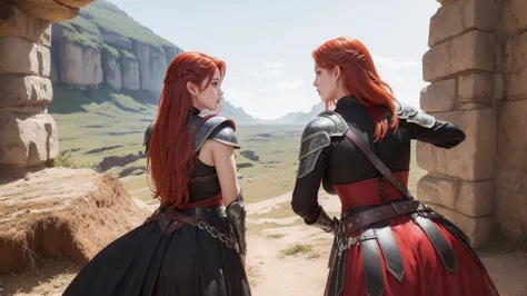 ((a red-haired warrior, from behind, vestindo uma saia curta na bunda, mostrando a bunda, tiro de baixo, vestindo armadura de pl...