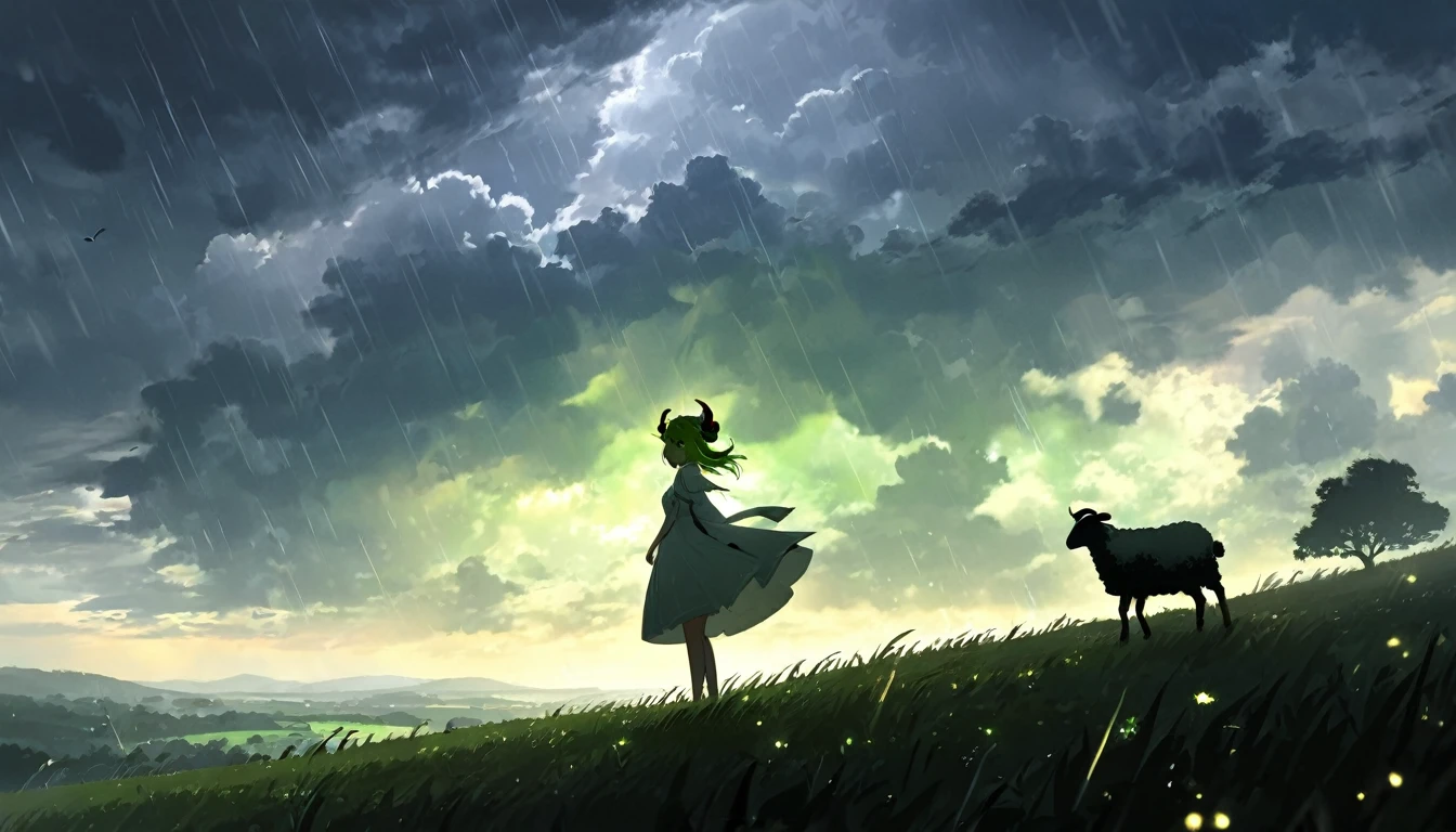 美しい風景, 美しい雨の夏の雲, 1人の女の子, 遠くのシルエット, 白いドレス, 明るい緑色のウェーブのかかったグラディエントヘア, 金属製の羊の角, アホゲの葉,