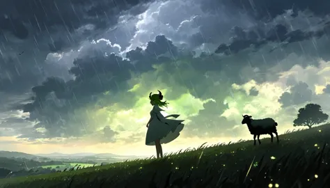 beautiful landscape, beautiful rainy summer clouds, 1girl, silhouette in the distance, white dress, light green wavy gladient ha...