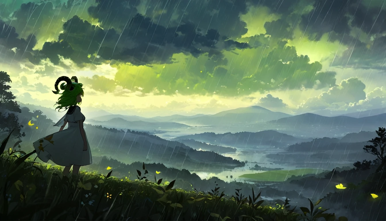 beautiful landscape, beautiful rainy summer clouds, 1girl, silhouette in the distance, white dress, light green wavy gladient hair, metal sheep horns, Аhoge Leaf,