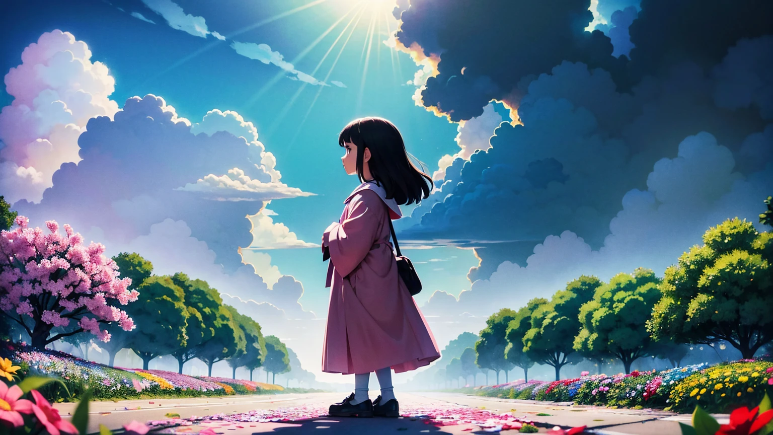 A vibrant flower blooms on the dirty ground of a large gray avenue. A crowd of gray, soulless people crosses the streets. A colorful , shining with bright tones, stands protectively over the flower, protecting her with his little hands and determined eyes. Sunlight breaks through the dark clouds. ghibli studio style