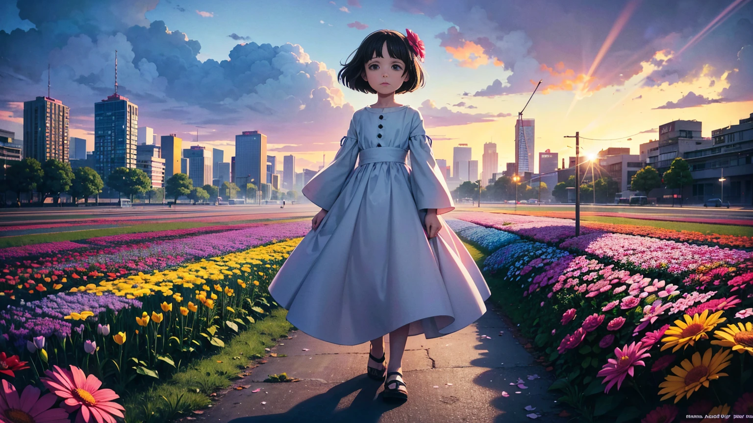 A vibrant flower blooms on the dirty ground of a large gray avenue. A crowd of gray, soulless people crosses the streets. A colorful , shining with bright tones, stands protectively over the flower, protecting her with his little hands and determined eyes. Sunlight breaks through the dark clouds. ghibli studio style